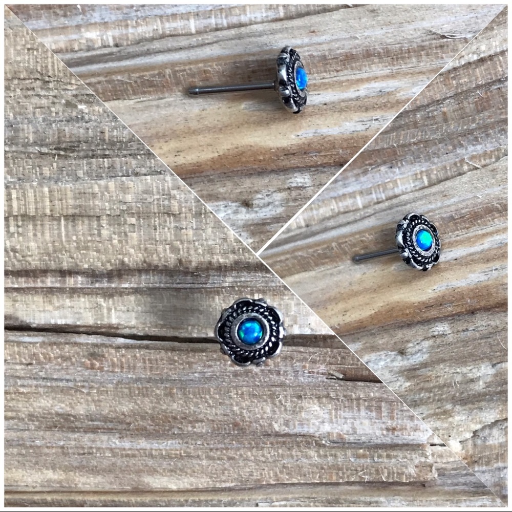 Blue Opal Antique Silver Nose Ring Stud